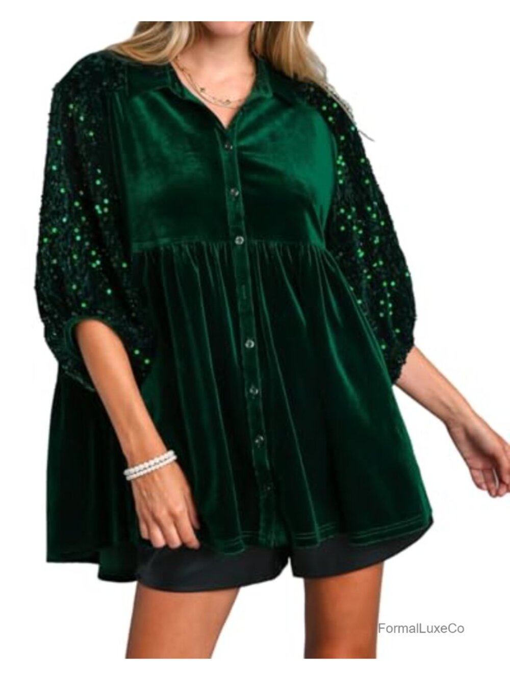 Women's Velvet Button Down Tunic Dress 3/4 Sleeve Sequin Sleeves Babydoll Mini